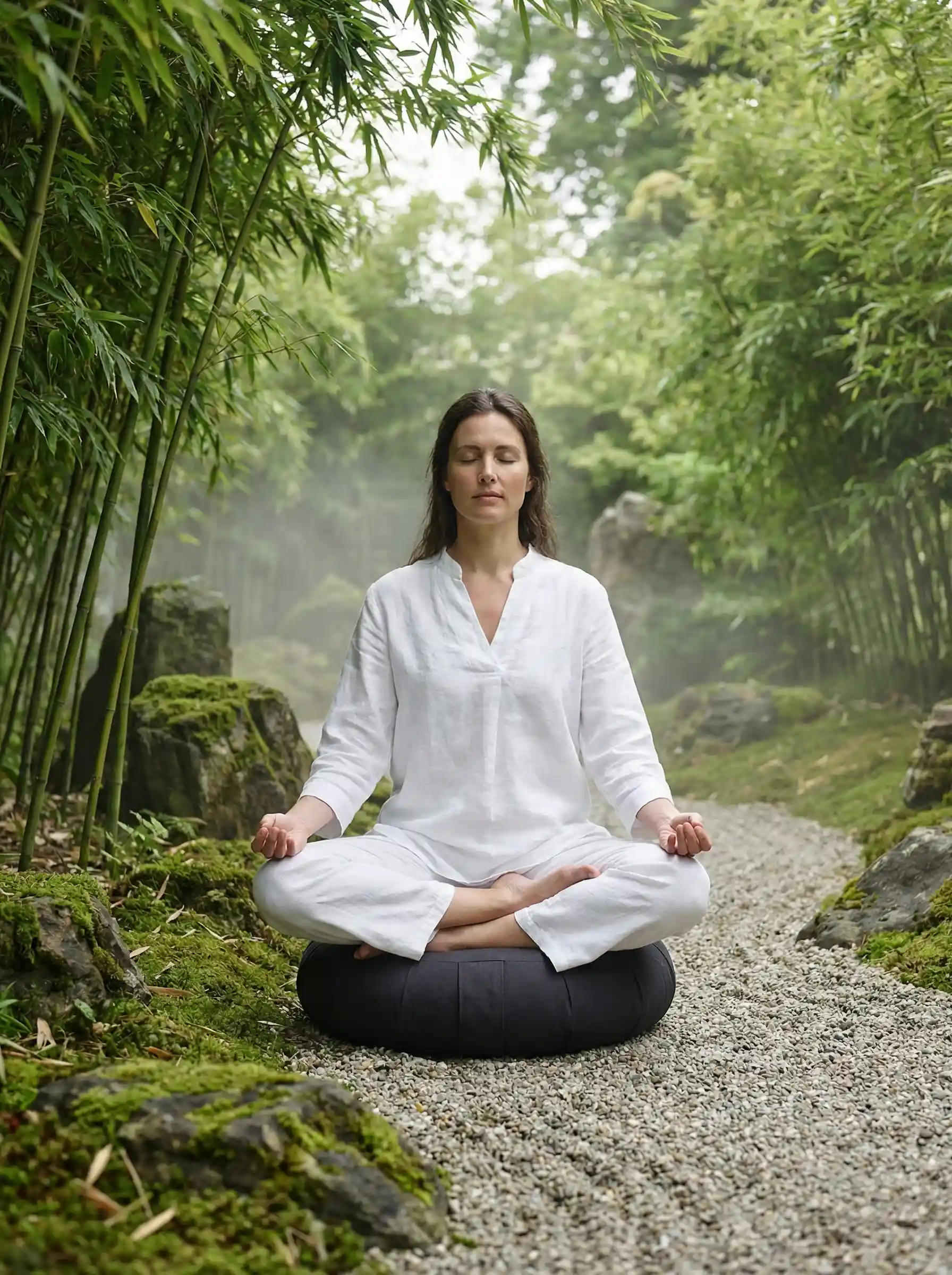 一位女性在宁静的自然环境中进行莲花坐冥想，实现身心平衡，女神视频